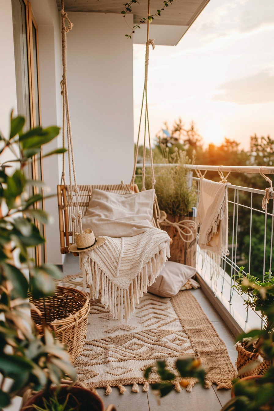 A cozy balcony at sunset with a hanging chair, warm blanket, plants, and woven decor creating a peaceful outdoor retreat.