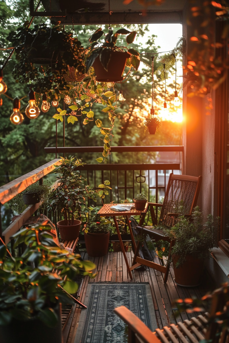 Cozy balcony with plants and string lights, wooden furniture, and a sunset in the background.