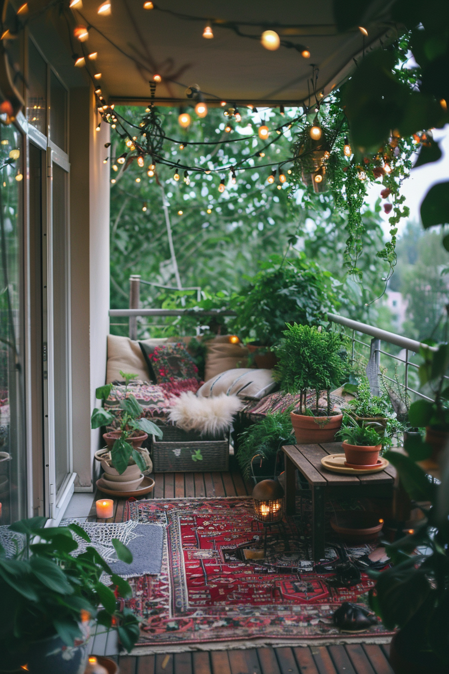 Cozy balcony decorated with string lights, plants, cushions, and a Persian rug, creating an inviting outdoor space.