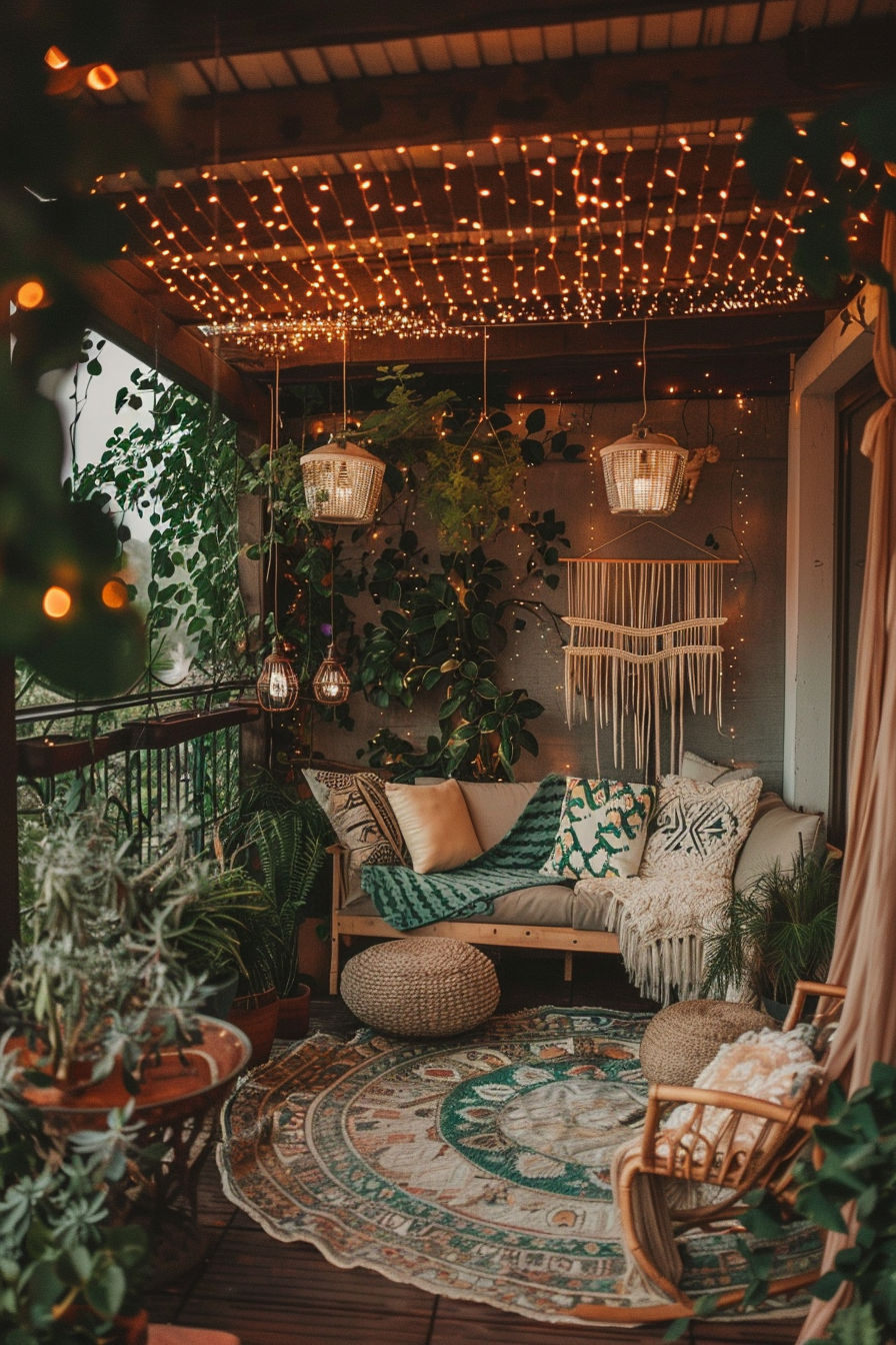 Cozy balcony decorated with string lights, potted plants, hanging lamps, a sofa with cushions, and a patterned rug.