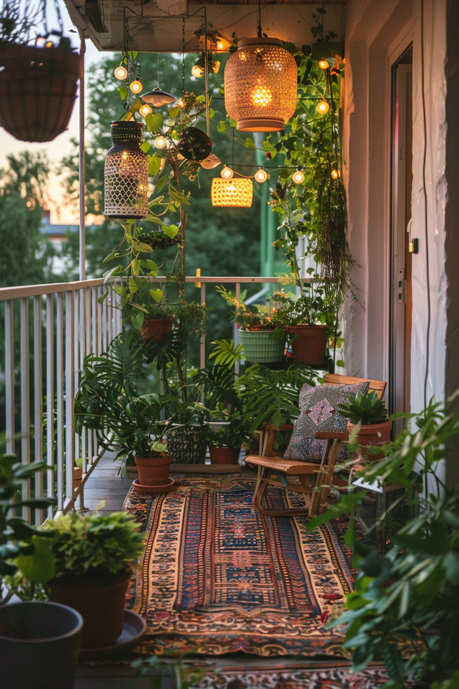 Cozy balcony at dusk with a traditional rug, hanging plants, string lights, and a wooden chair, creating an inviting outdoor space.