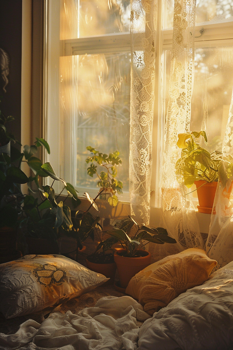 Sunlight streaming through lace curtains onto a cozy nook filled with potted plants and decorative pillows.