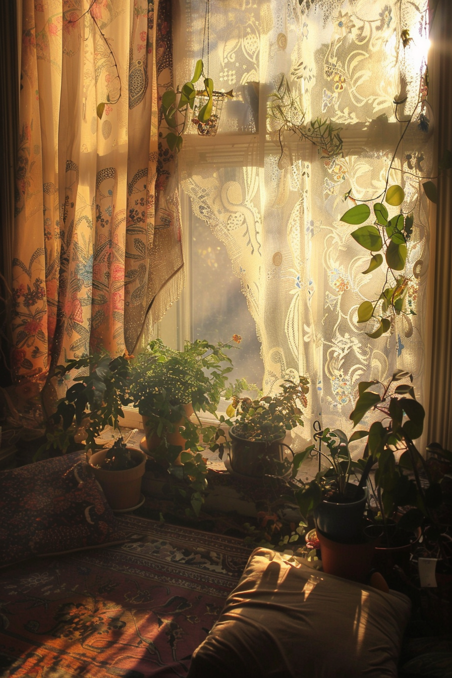 Sunlight streams through a lace-curtained window, illuminating houseplants and a cozy, pillow-strewn nook with patterned rugs.