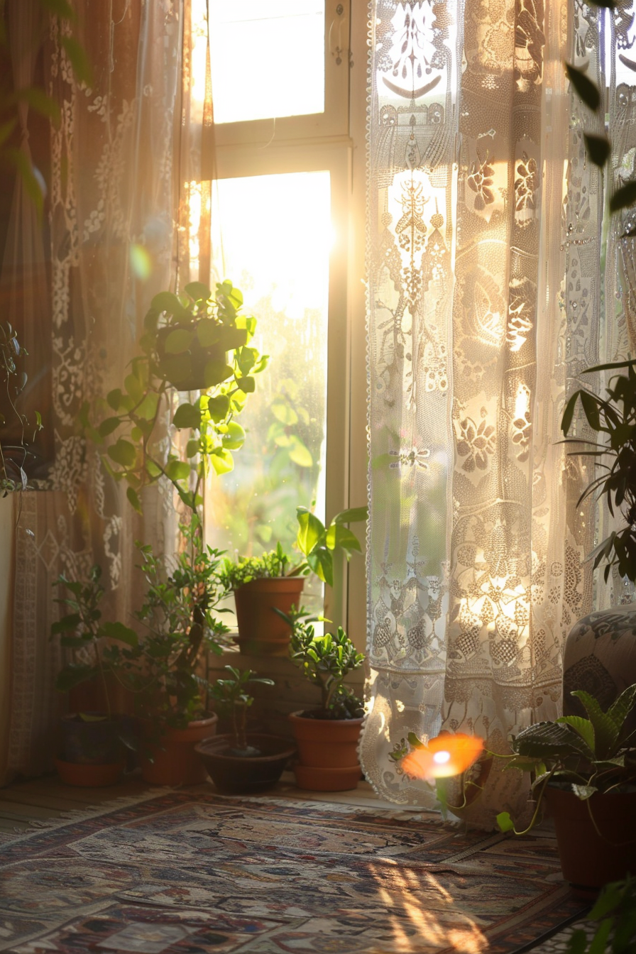A cozy room with sunlight streaming through a lace curtain by the window, casting a glow on indoor plants and an ornate rug.