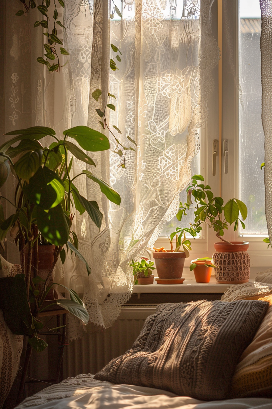 Sunlight filtering through lace curtains onto houseplants and a cozy pillow on a windowsill.