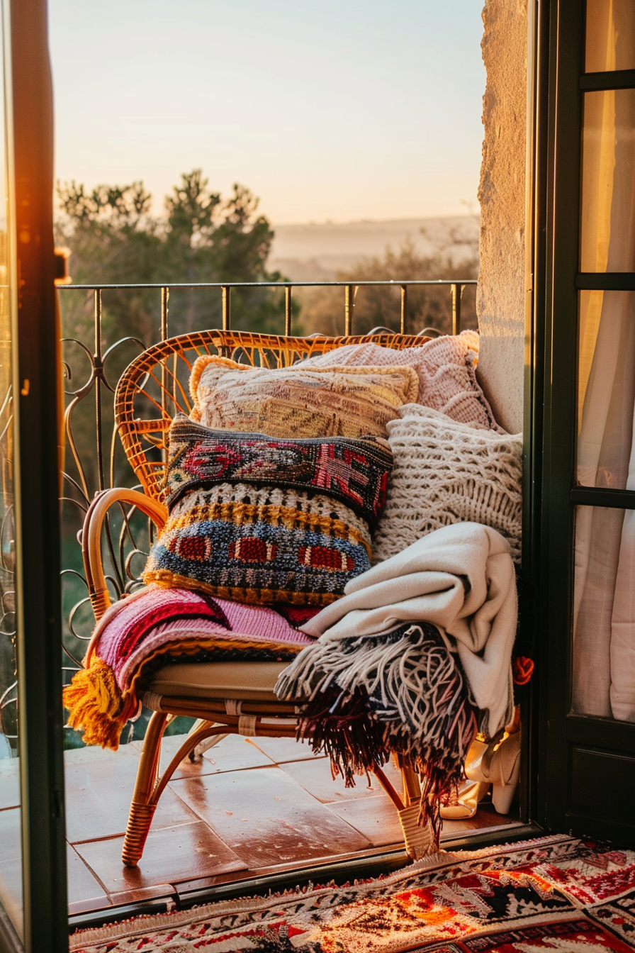 A cozy wicker chair with colorful cushions and blankets on a balcony, basking in the golden light of sunset.