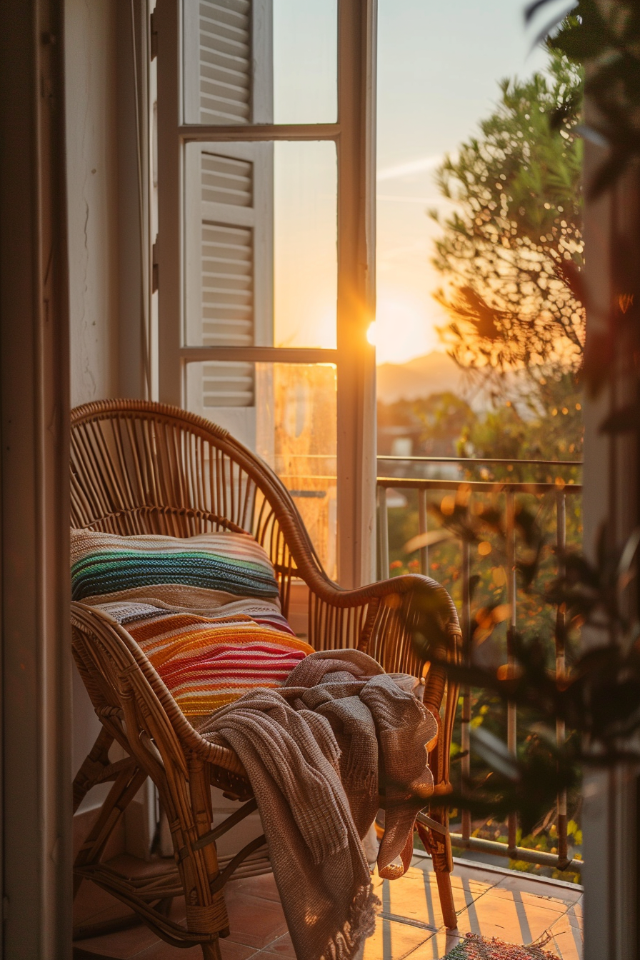 A cozy wicker chair with colorful cushions and a throw blanket by an open window, with a sunset view and plants outside.