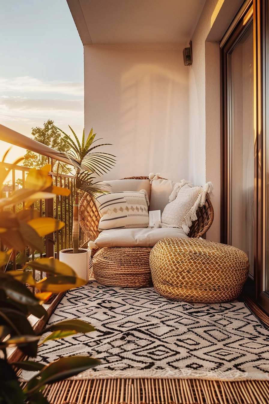 Cozy balcony corner with wicker chair, cushions, and plants at sunset, creating a warm, inviting outdoor space.