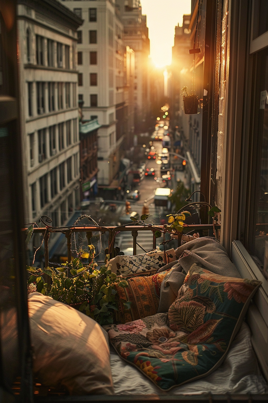 Alt text: Cozy urban window nook with pillows and plants overlooking a bustling street at sunset, with sunlight streaming between buildings.
