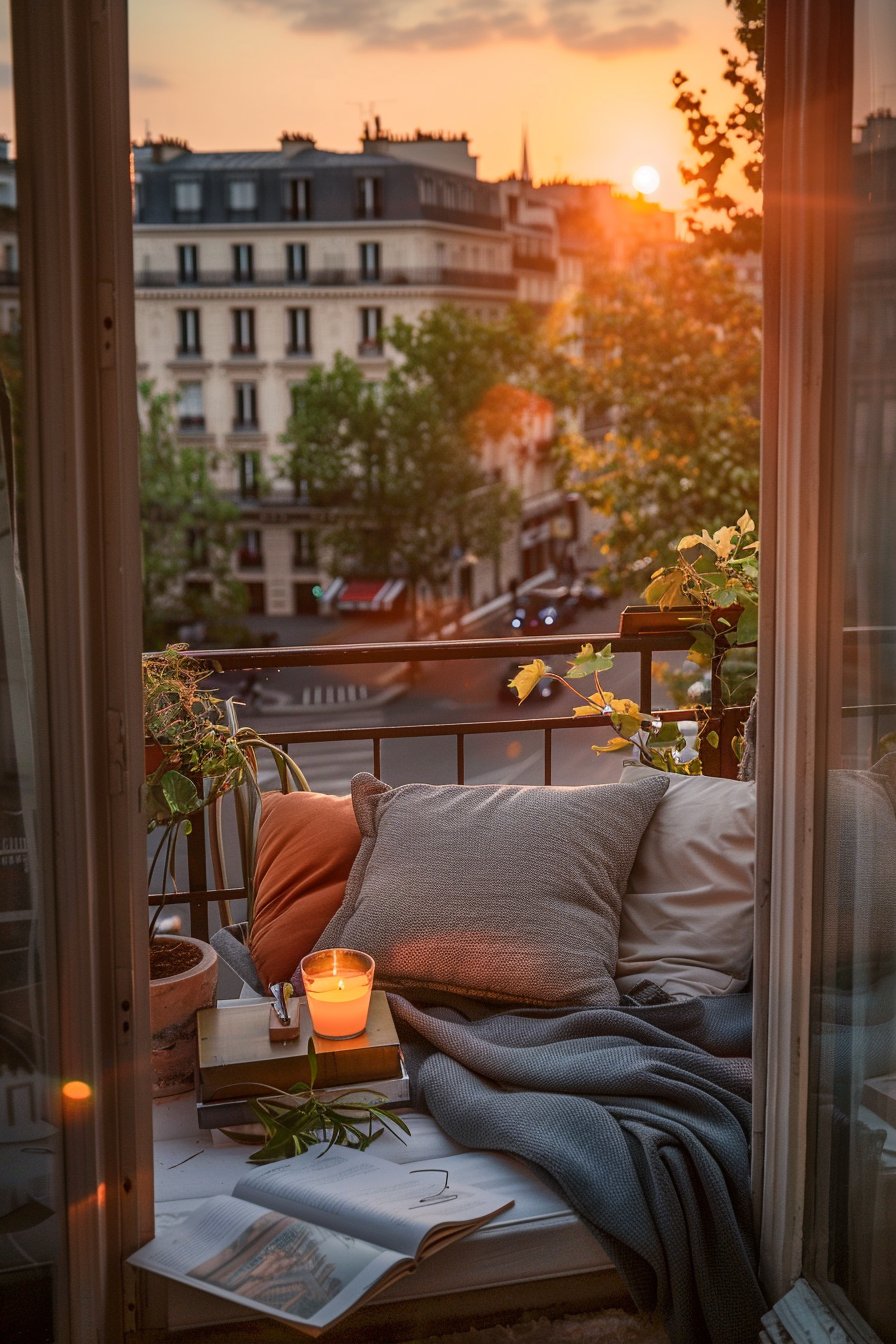 ALT: A cozy balcony with cushions and a lit candle overlooking a city street at sunset, capturing a tranquil urban evening.