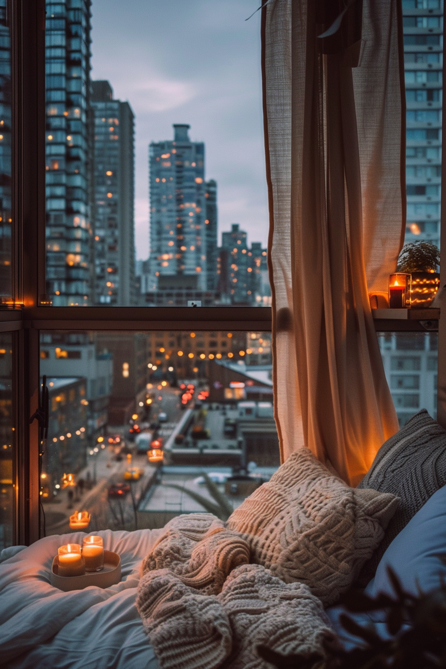 Cozy bedroom corner with a view of city high-rises at dusk, lit candles on a tray, and a knit blanket on the bed.