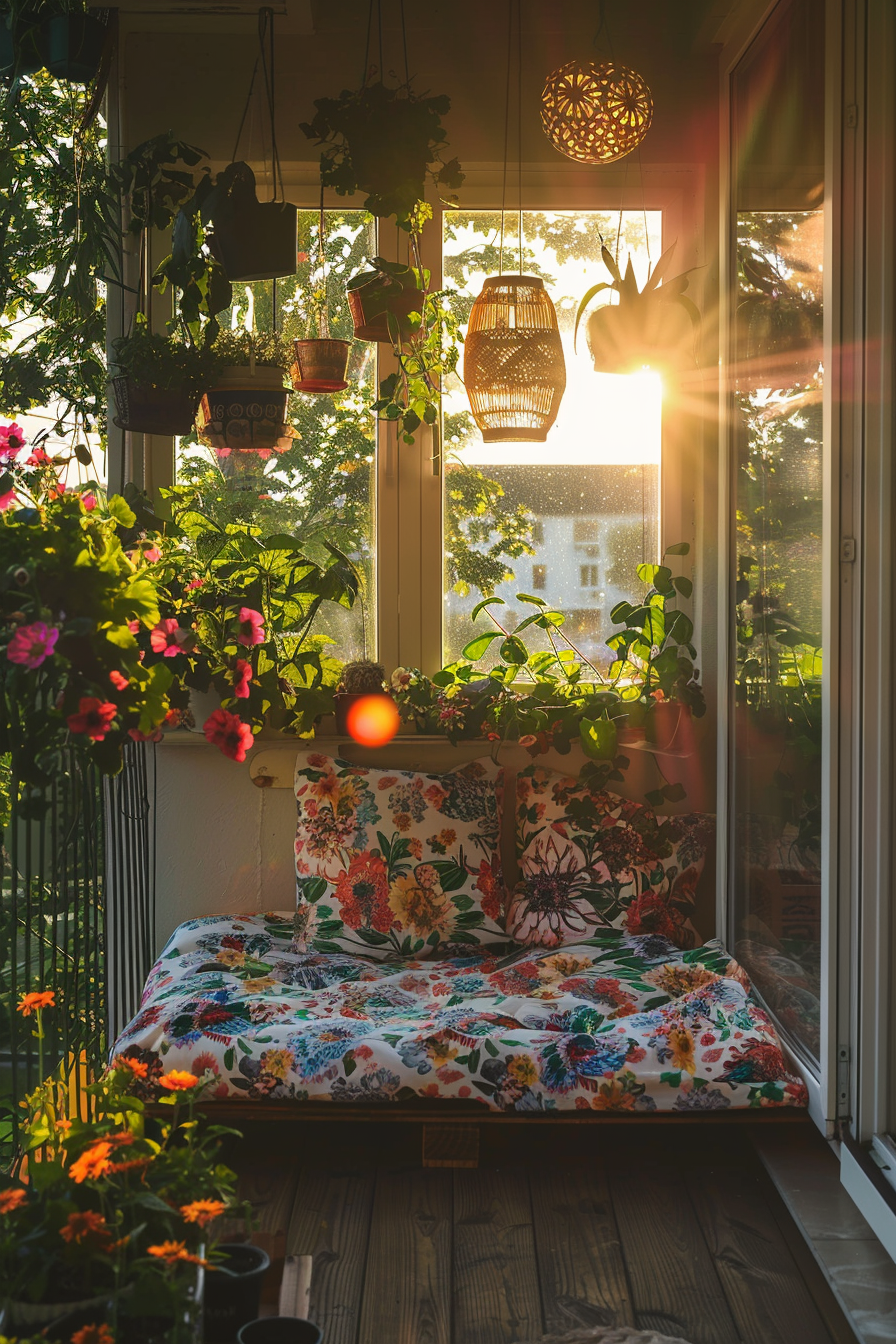 Cozy balcony with floral patterned sofa surrounded by hanging and potted plants, basking in the warm glow of a sunset.