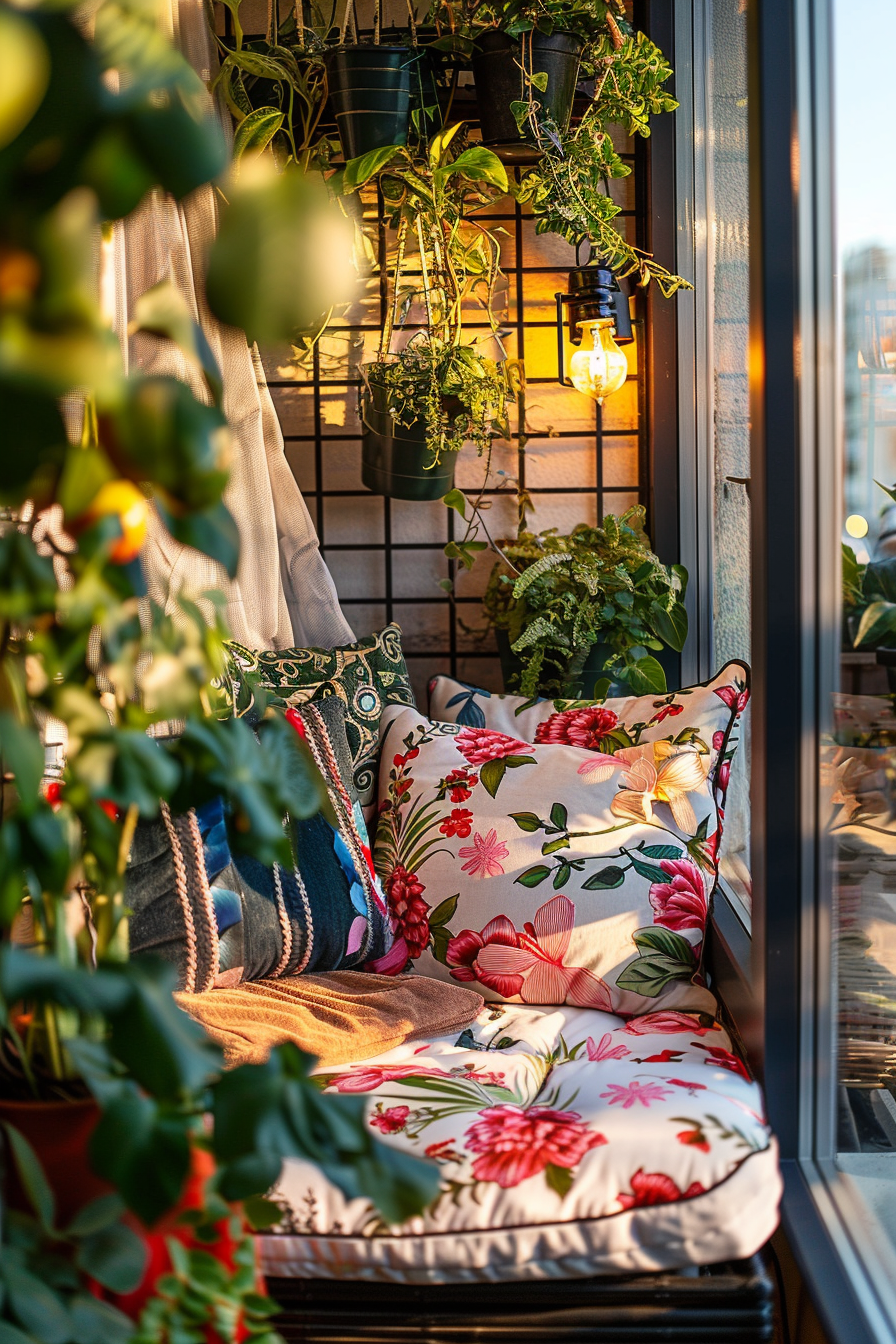 Cozy balcony corner with floral cushions, hanging plants, and a warm glowing light bulb at sunset.