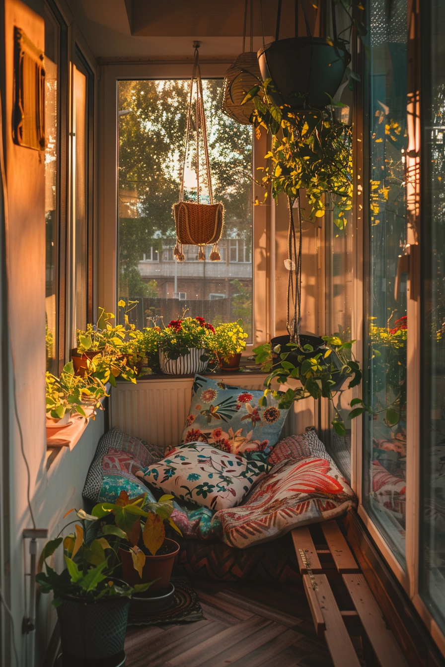 A cozy balcony corner filled with plants, patterned cushions on a bench, and warm sunlight filtering through the window.