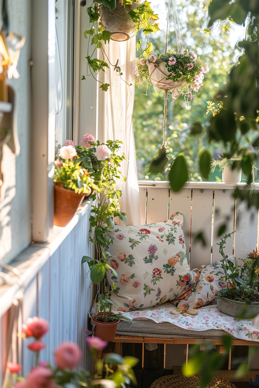 A cozy balcony corner filled with potted plants, hanging greenery, and a cushioned bench with floral patterns in a sunny setting.