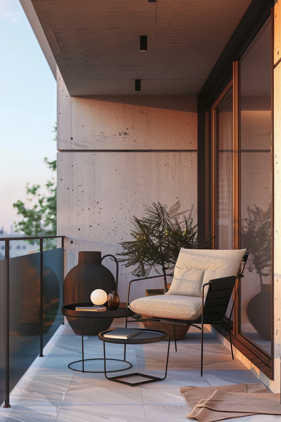 Modern balcony setup with a comfortable chair, side tables, decorative vase, and potted plant during twilight.
