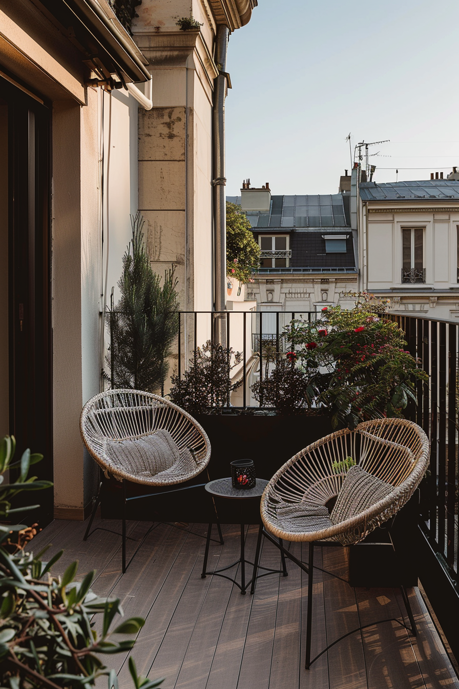 A cozy balcony with two wicker chairs and a small table, overlooking the rooftops of a city during daylight.