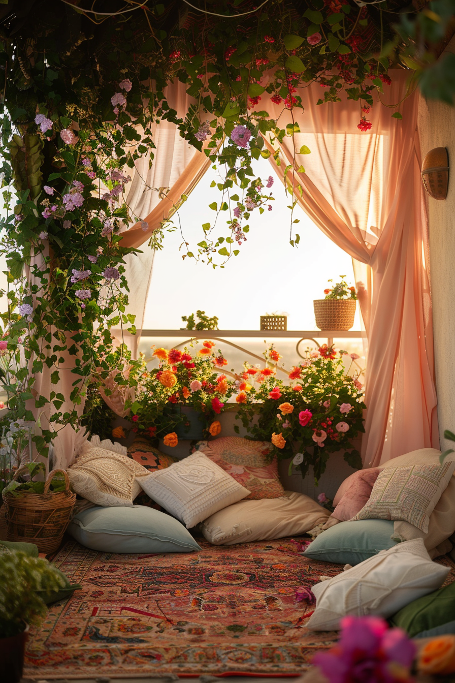A cozy balcony nook with cushions, draped with sheer pink curtains, surrounded by lush green plants and vibrant flowers.