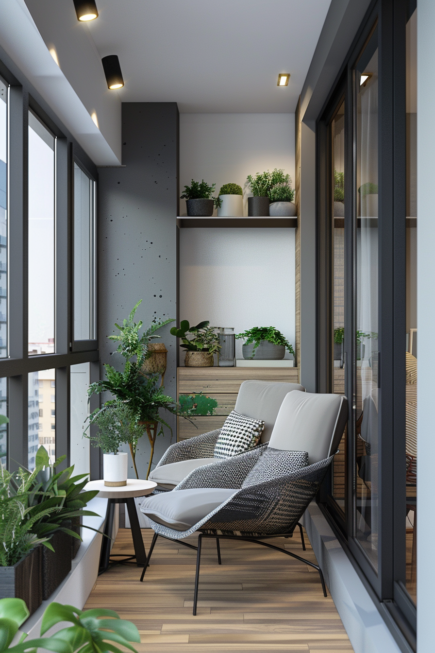 Modern balcony with comfortable chair, patterned cushions, potted plants, and wooden flooring.