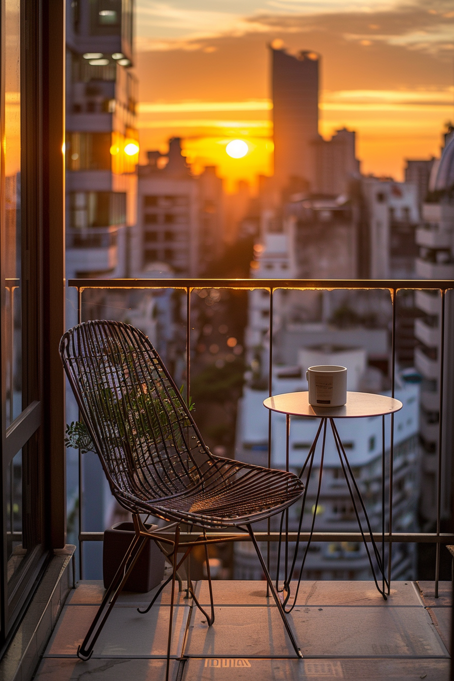 A cozy balcony with a chair and a small table, featuring a coffee mug, overlooking a cityscape at sunset.