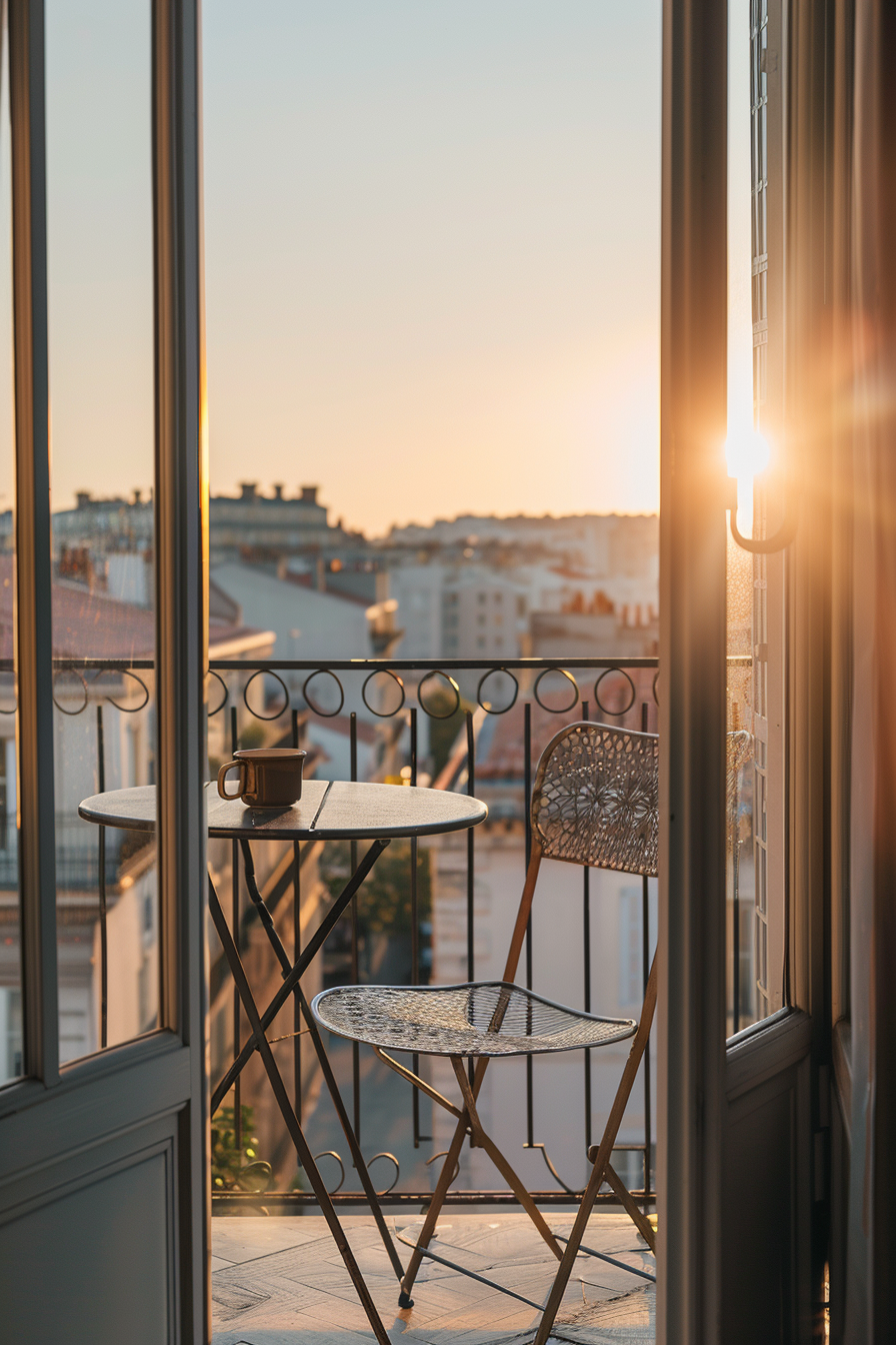 A cozy balcony with a small table, a cup, and a chair overlooking a cityscape at sunset.