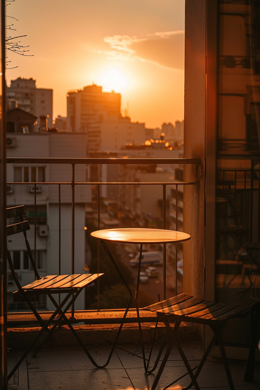 A cozy balcony with a small table and chairs, bathed in the warm glow of a city sunset.