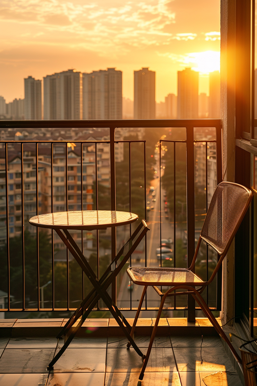 ALT: A balcony with a round table and chair overlooking a cityscape at sunset, with warm light casting long shadows.
