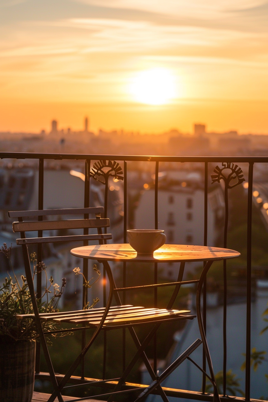 A serene balcony scene with a small table and chair set, coffee cup on table, overlooking a cityscape at sunset.