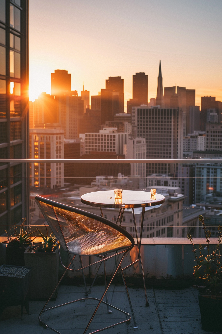 ALT: Cozy balcony with a chair and table overlooking a city skyline bathed in the warm glow of a sunset.