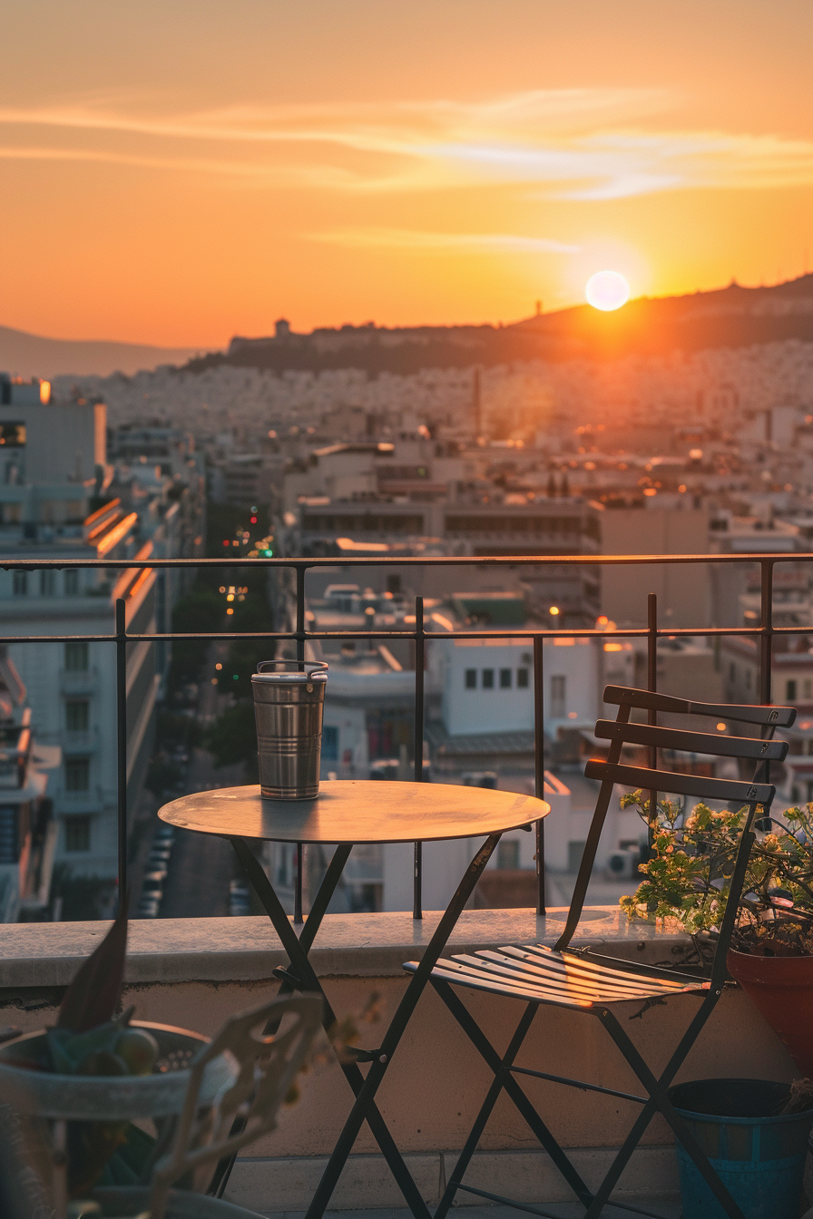 Alt text: Sunset view from a balcony with a round table, a metal cup, and a chair, overlooking a cityscape with warm, glowing skies.