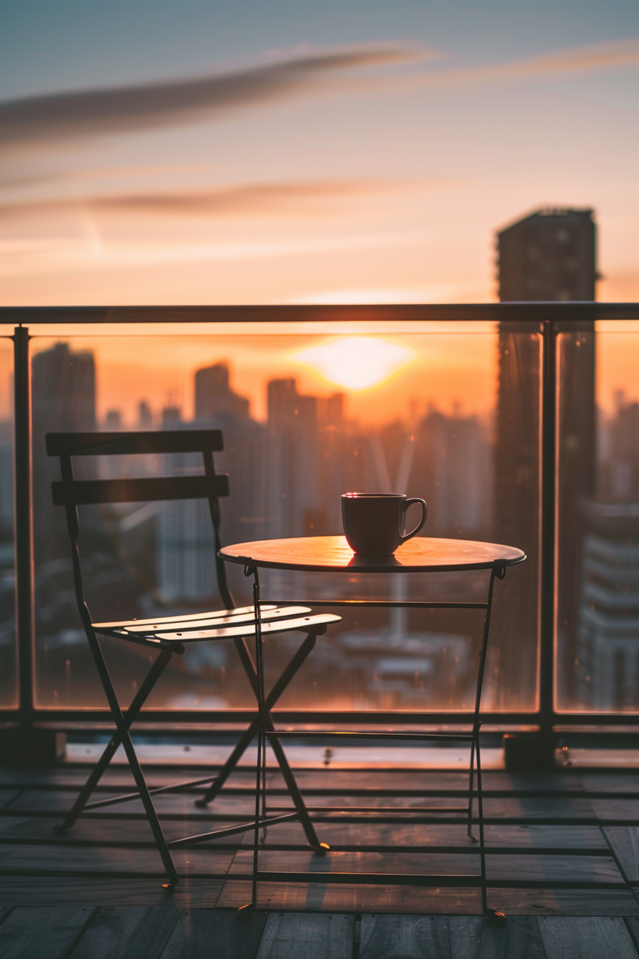 A serene balcony scene with a single chair and table, featuring a steaming cup against the backdrop of a city skyline at sunset.