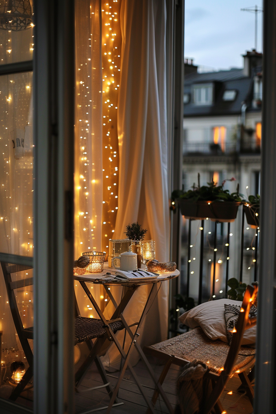A cozy balcony at dusk adorned with fairy lights, a small table set with candles, and a cushioned chair inviting relaxation.