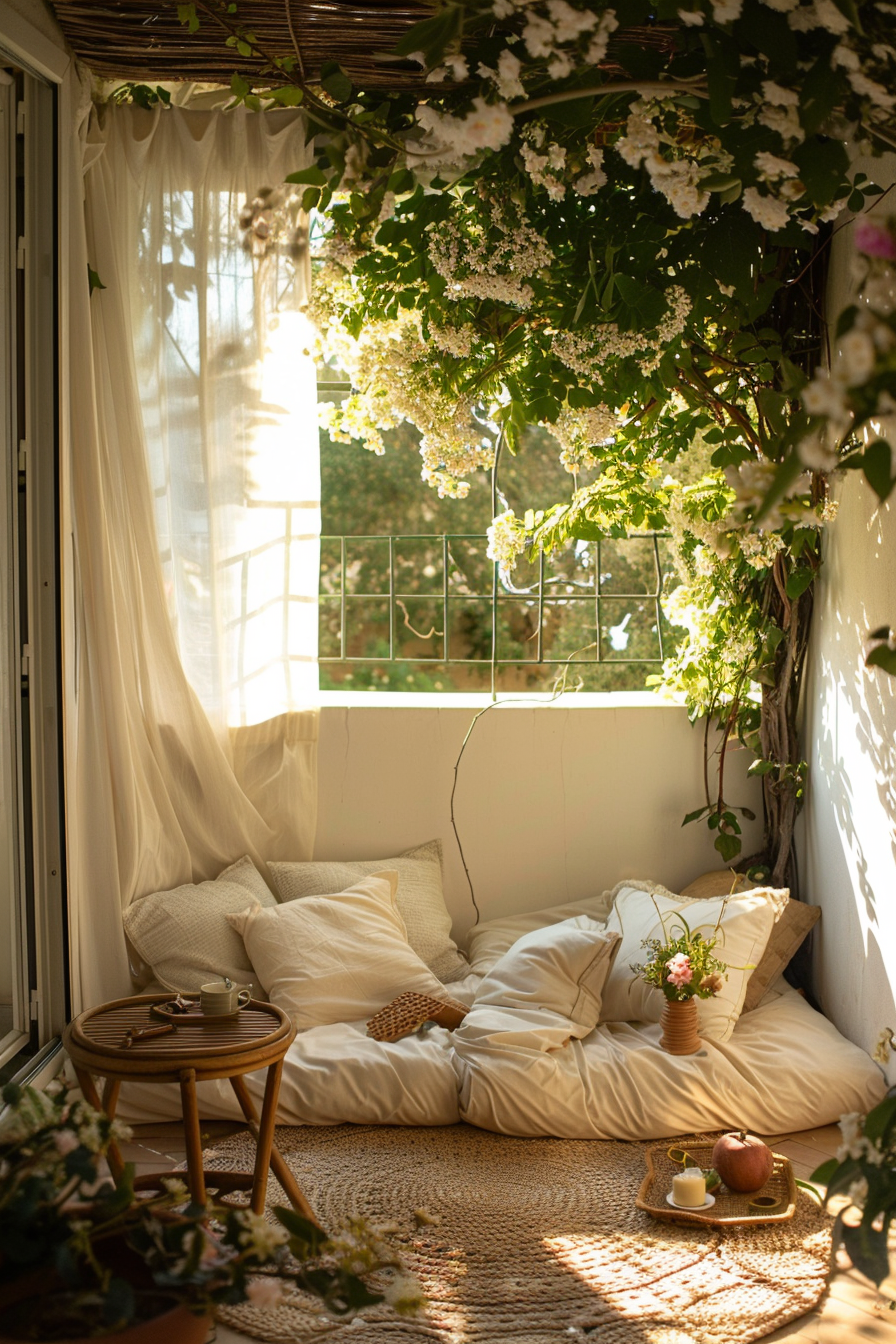 Cozy nook with cushions, a round wooden table, plants, and hanging flowers in a room bathed in warm sunlight.