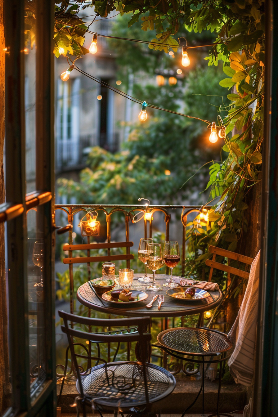 Cozy balcony setting with a table for two, string lights, wine glasses, and a meal at twilight. Leafy greens frame the romantic scene.