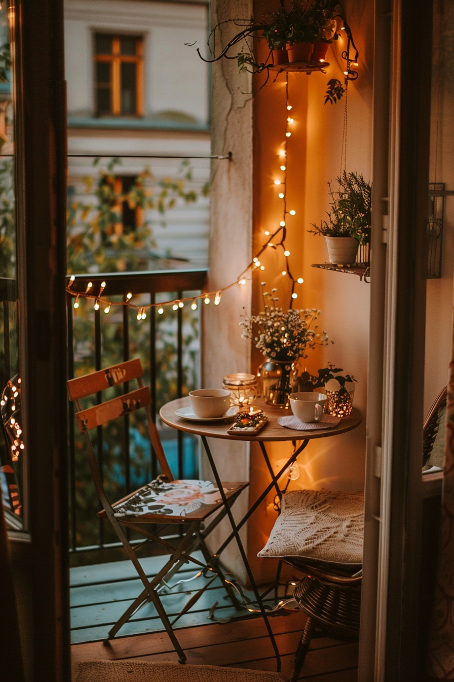 ALT: Cozy balcony setup with a small table, chairs, twinkling string lights, plants, and refreshments at dusk.
