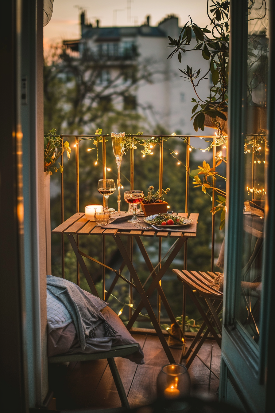 A cozy balcony setting at dusk with string lights, a small table set with wine glasses, a candle, and a snack, overlooking city buildings.