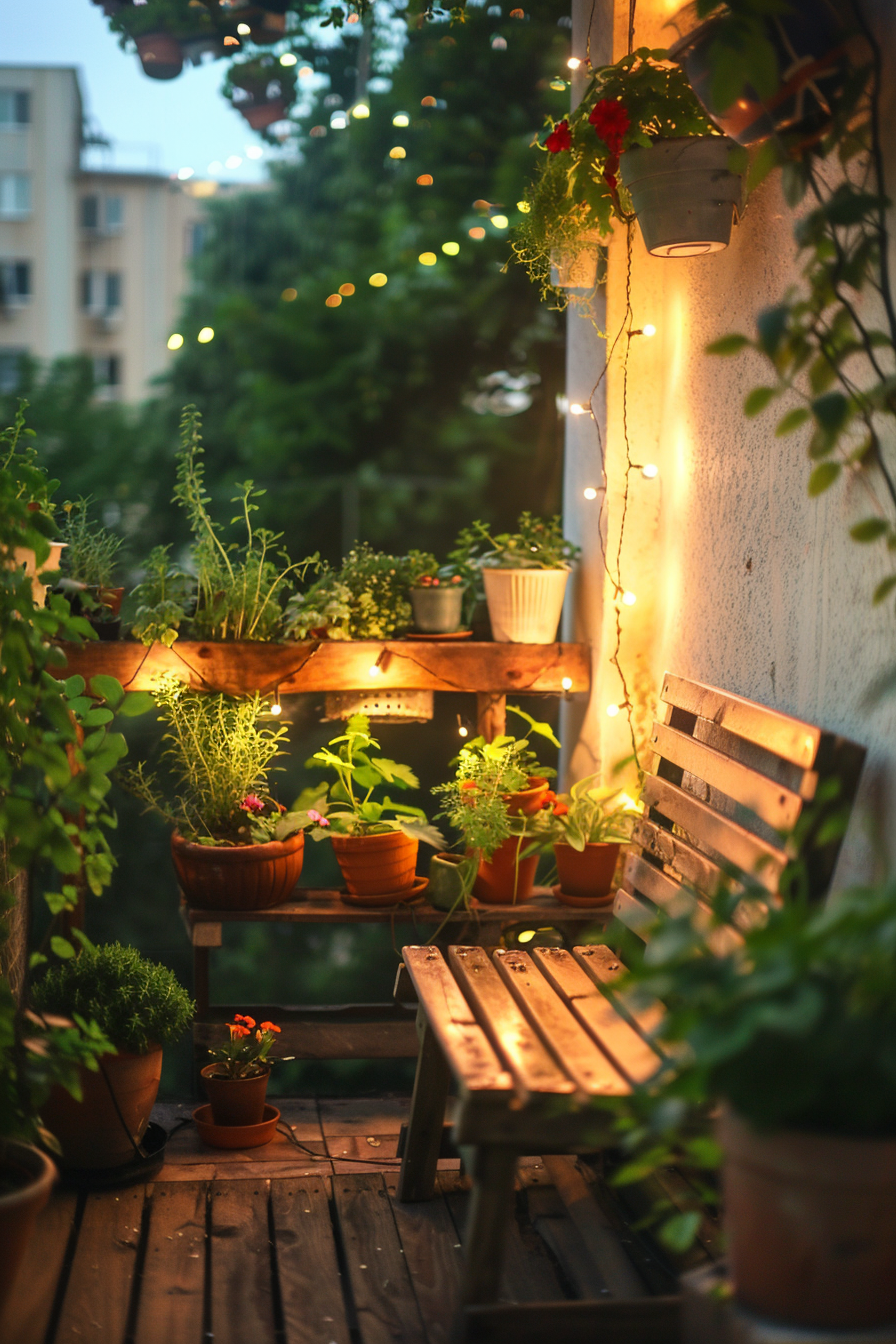 Cozy balcony garden at dusk with wooden bench, potted plants, and warm fairy lights.
