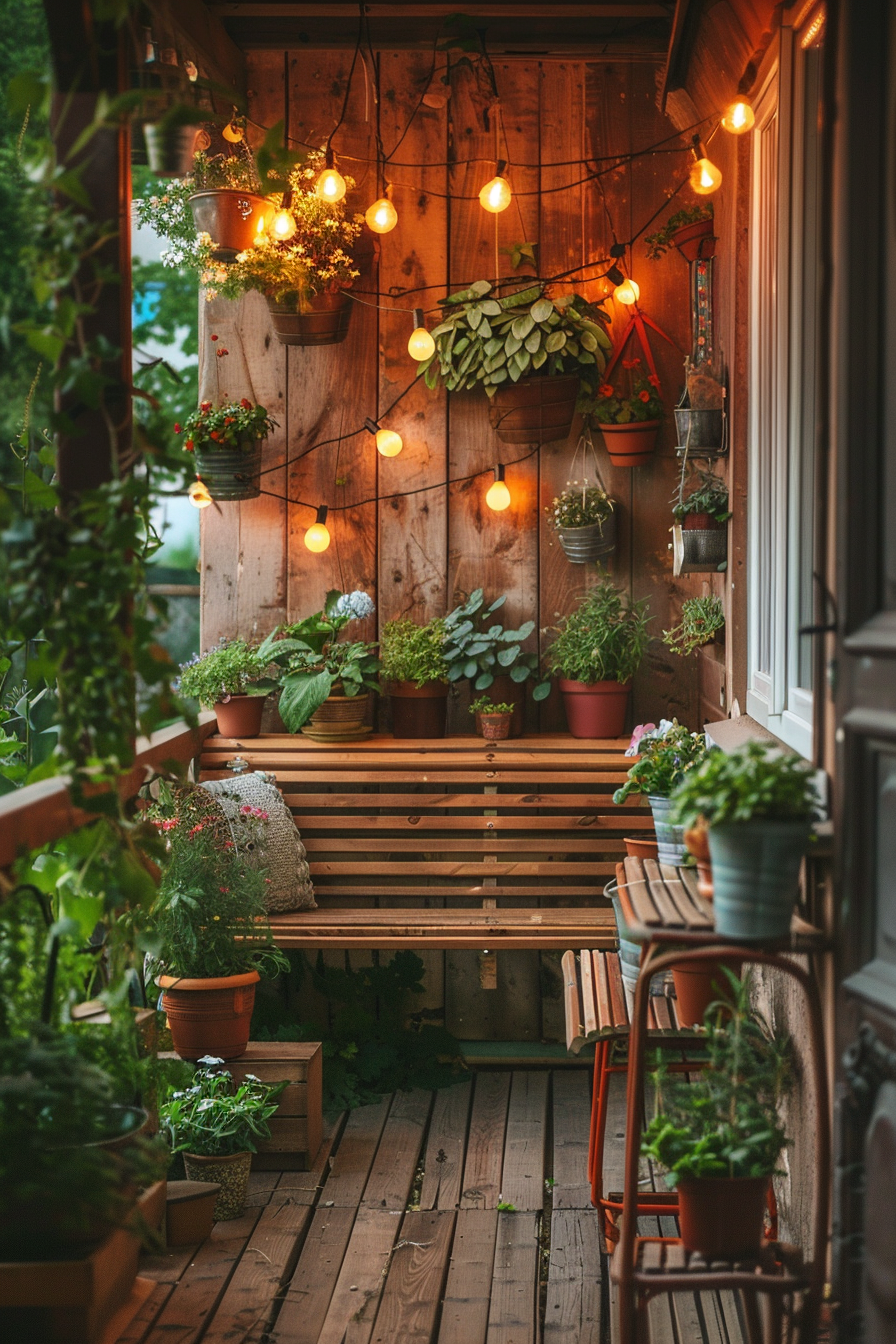 ALT text: "Cozy balcony garden with potted plants on wooden walls, string lights, and a bench, creating a warm and inviting outdoor space."