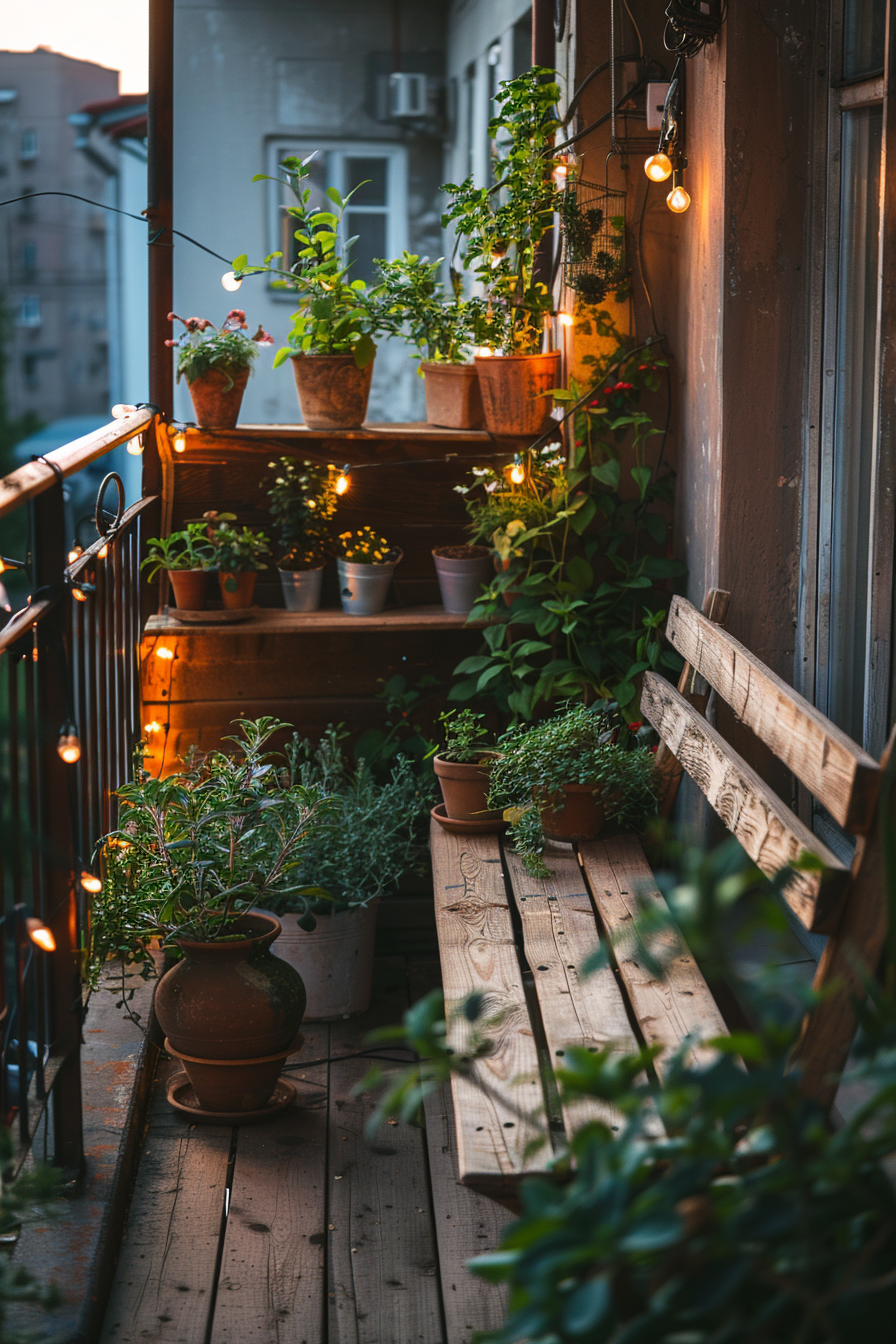 Cozy balcony at dusk with warm string lights, wooden bench, and potted plants creating a tranquil urban oasis.