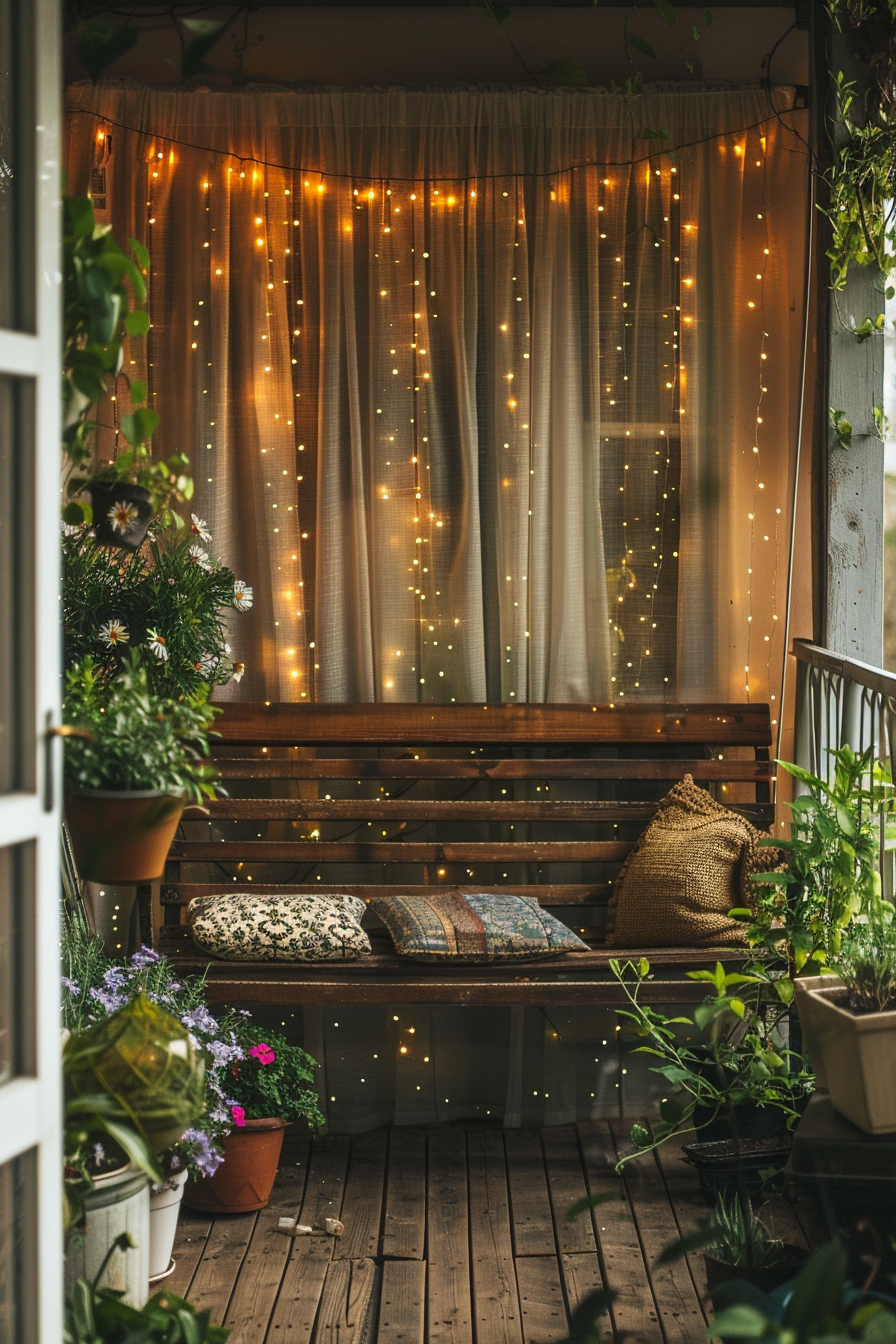 Cozy balcony corner with a wooden bench adorned with cushions, string lights, and surrounded by potted plants.