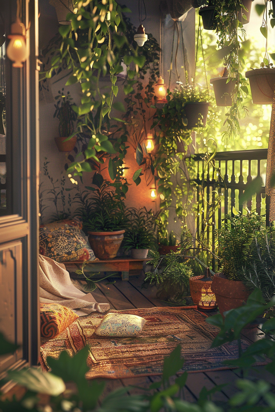 A cozy balcony filled with potted plants, string lights, and a bench with decorative pillows, inviting relaxation in a serene setting.