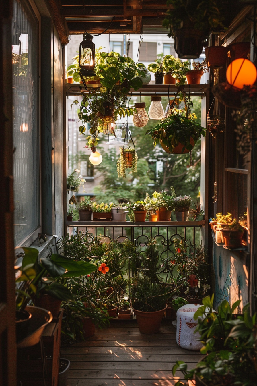 A cozy balcony filled with an assortment of potted plants and hanging greenery, lit by warm sunlight with decorative lights.