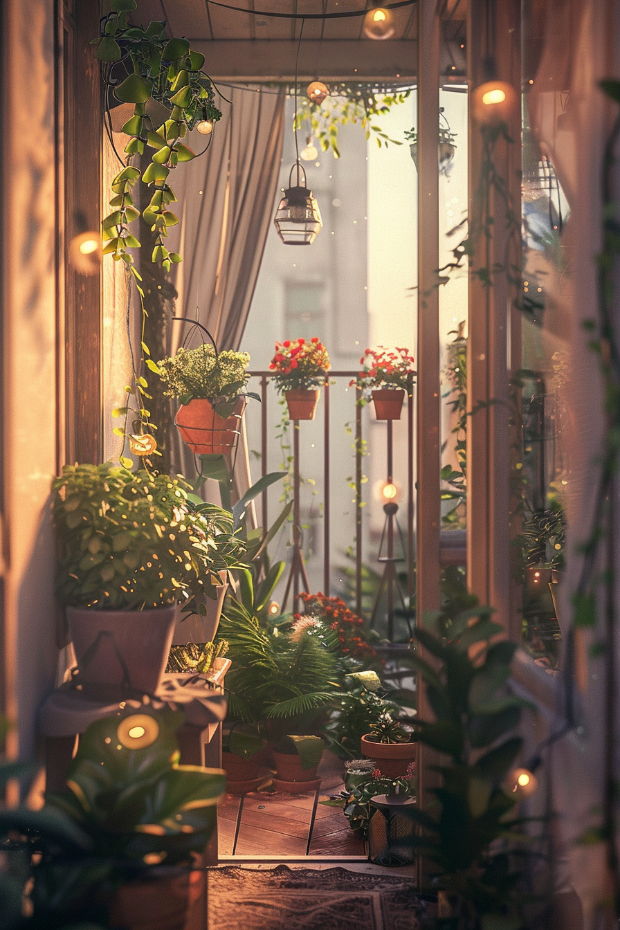 Cozy balcony filled with potted plants and hanging lights, casting a warm glow during twilight.