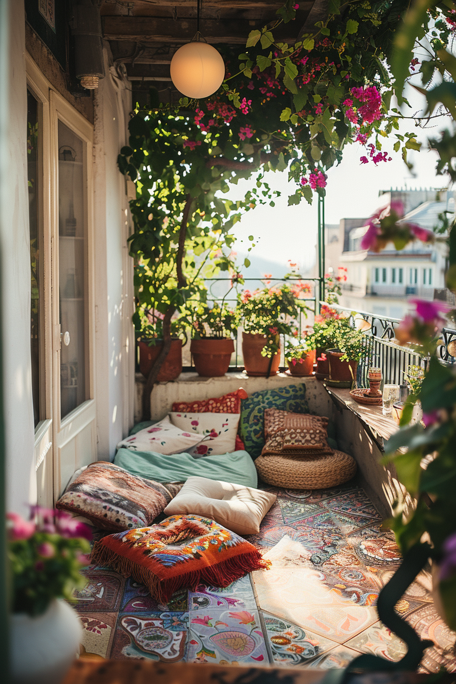 Cozy balcony filled with blooming plants, colorful cushions, and patterned rugs, basking in warm sunlight.