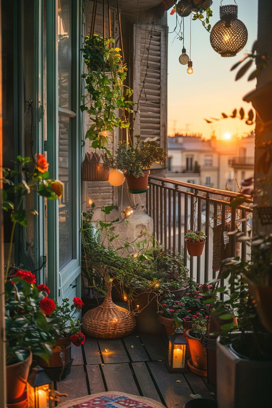 Cozy balcony filled with plants and lights with a sunset in the background.