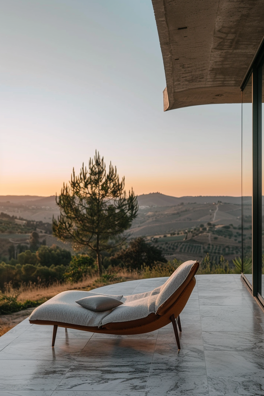 ALT text: Modern outdoor lounge chair on a balcony with a panoramic view of rolling hills and a tree at sunset.