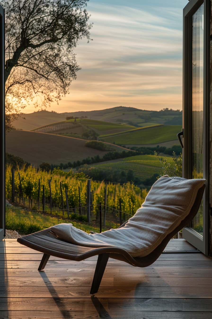 A cozy lounge chair on a wooden deck overlooking a scenic view of rolling hills, vineyards, and a sunset sky.
