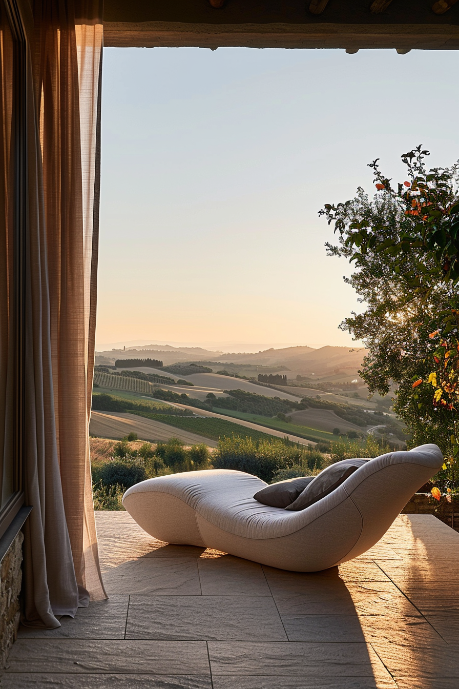 An elegant lounge chair on a patio overlooking a serene, hilly landscape at sunset, with sheer curtains and greenery on the side.