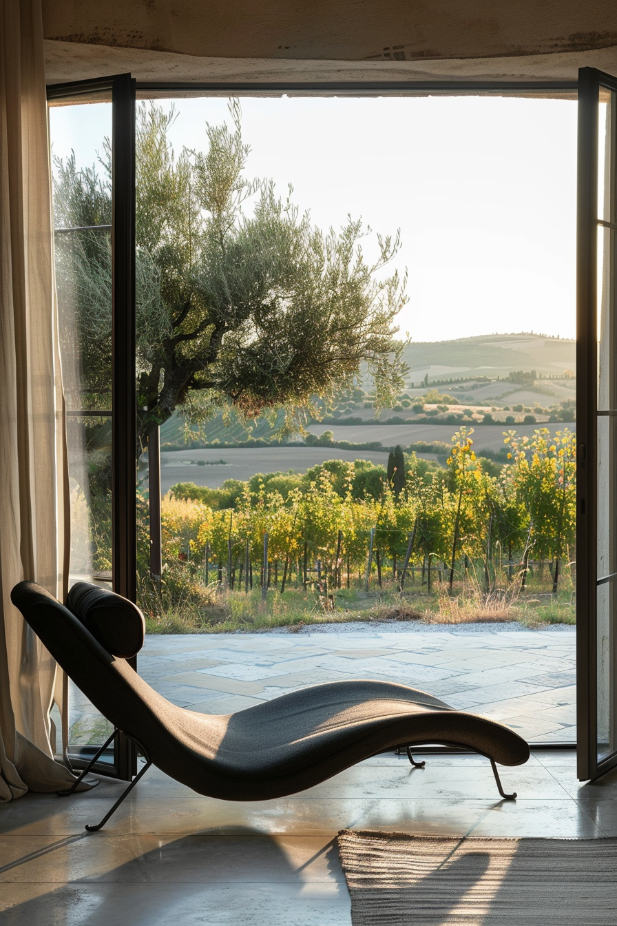 A modern lounge chair by an open door overlooking a tranquil landscape with olive trees and rolling hills at sunset.