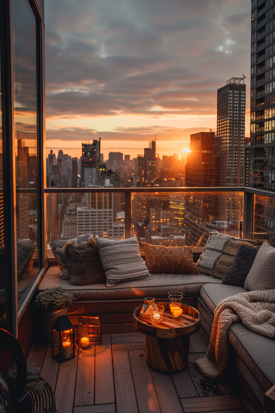 ALT text: Cozy balcony with cushions and blankets overlooking a city skyline at sunset, with lit candles adding a warm glow.